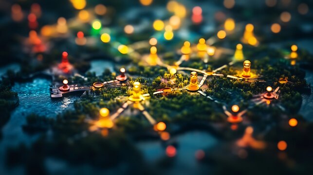 Intricate network connections illuminated on a miniature landscape depiction