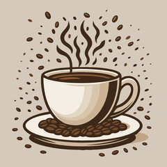 Hot Coffee Cup with Roasted Beans Vector Illustration