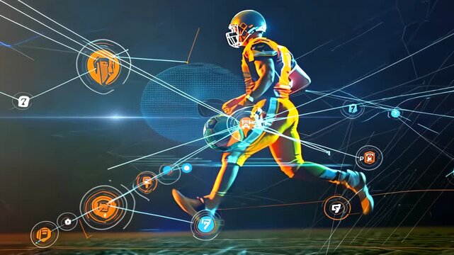 A male football player in an orange uniform is in action on a digital field. The scene features glowing lines and data points, emphasizing technology in sports. - Powered by Adobe
