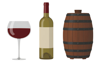 A vector illustration set of wine items including a glass of red wine, a bottle, and a wooden barrel.