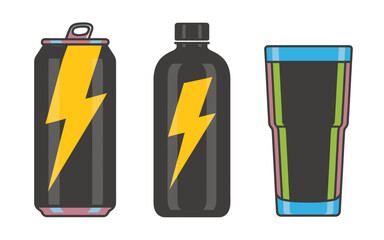 Graphic illustration of energy drink containers, including a can and bottle with a yellow lightning bolt, and a colorful tumbler.