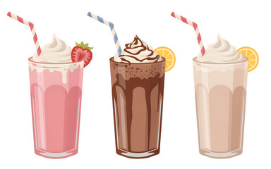 Three classic milkshakes in tall glasses: strawberry, chocolate, and vanilla, each topped with whipped cream, a straw, and a garnish.