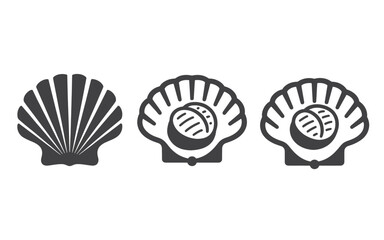 A set of three black and white scallop icons, including a closed shell and two open shells with cooked meat.
