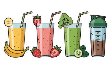 A collection of four colorful healthy drinks, including fruit smoothies and a protein shake in a shaker bottle.