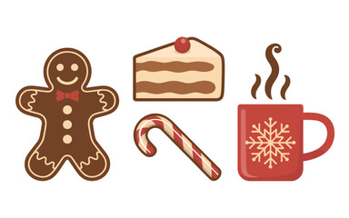 A festive collection of Christmas holiday treats including a gingerbread man, a slice of cake, a candy cane, and a hot beverage.