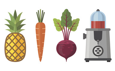 A set of flat vector icons showing a pineapple, carrot, beetroot, and a juicer for making fresh, healthy juice.