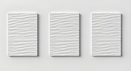 Three white textured panels mounted on a plain gray wall with a subtle shadow effect.