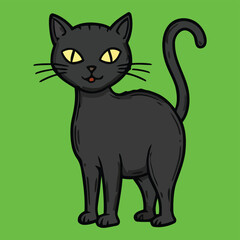 cute black and white cartoon cat vector illustration on green background