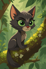 Cute Black Cat Sitting on a Tree Branch in the Jungle