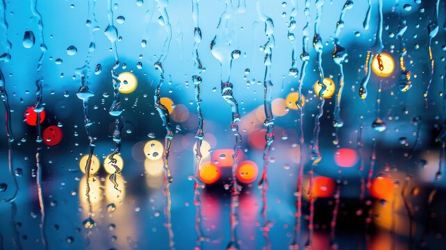 Rainy night city street view through wet window with blurred bokeh car lights - Powered by Adobe