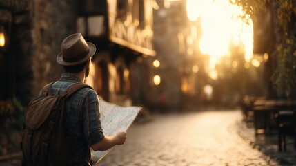 A traveler exploring a quaint cobblestone street with a map in hand during a golden sunset