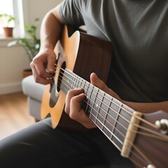 Person playing guitar in an intimate setting. Focus on hands on strings, musical expression, and instrument detail, capturing passion, creativity, and the joy of music.