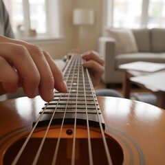Person playing guitar in an intimate setting. Focus on hands on strings, musical expression, and instrument detail, capturing passion, creativity, and the joy of music.