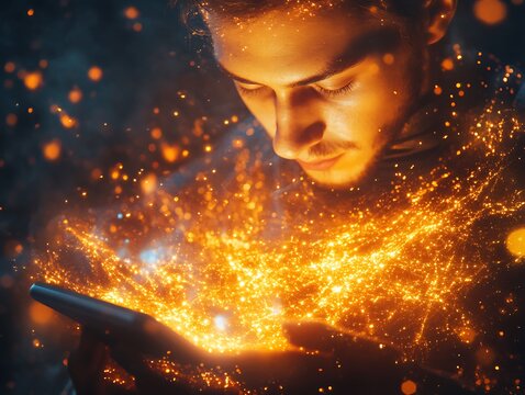 Illuminated Interaction: Man Immersed in the Glow of Digital Connectivity