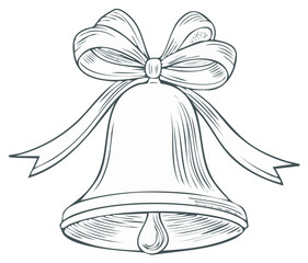 Vintage Bell with Ribbon Bow Ornament Hand Drawn Sketch Illustration