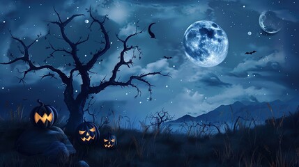 Fototapeta premium Enchanting Halloween Background: A Captivating Scene Under the Velvet Night Sky, Adorned with Twinkling Stars and a Crescent Moon. The Dark Canvas Features Spooky Silhouettes of Gnarled Bare Trees, Gl