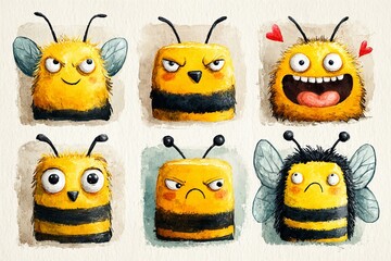 Fototapeta premium Colorful and Cheerful Set of Bee Icons Showcasing a Range of Emotions and Expressions Generative AI