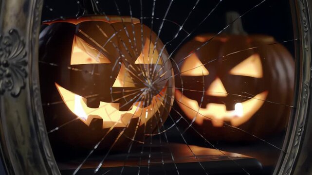 Eerie pumpkin head reflection in cracked haunted mirror