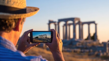 Man capturing sunset photo of ancient ruins with smartphone, highlighting historical architecture