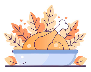 Thanksgiving roasted turkey illustration with autumn leaves decoration in flat cartoon style