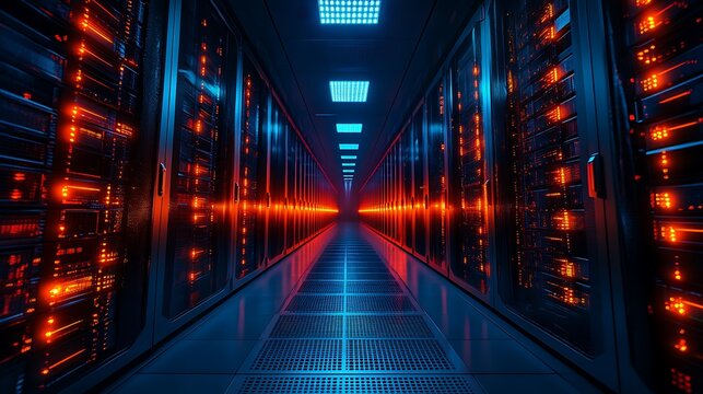 Infinite Data: A Server Room Corridor with Advanced Computing Infrastructure