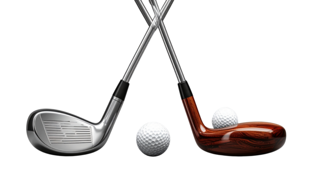 Sports golf iron with white golf ball isolated on transparent background