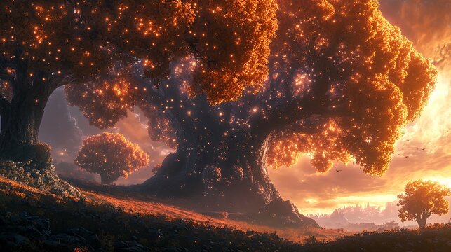 Enchanted grove under the luminous sky, golden foliage illuminating twilight's embrace