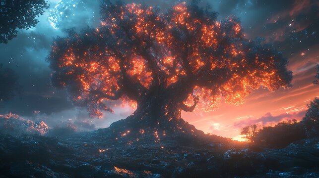 Mystical bioluminescent tree glowing under a twilight sky in fantasy landscape - Powered by Adobe