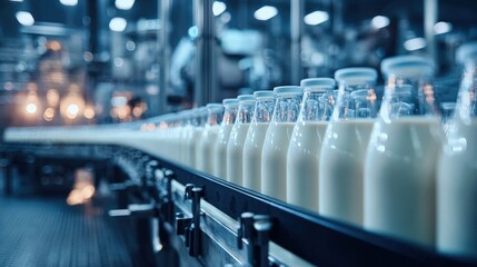 Milk Bottles On Conveyor Belt In Modern Dairy Factory