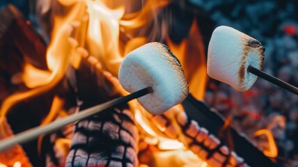 Marshmallows roasting over a warm campfire, close-up shot of sweet treats and glowing flames
