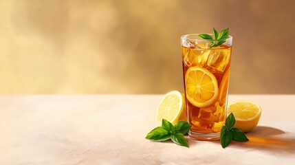 Fototapeta premium Refreshing glass of iced tea with lemon slices and mint leaves on a soft golden background