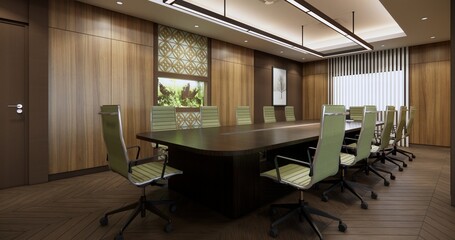 Modern office interior with art deco design and wooden wall panels