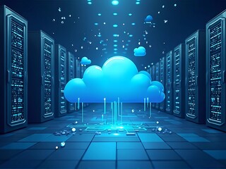 Cloud computing server room with blue cloud and data streams.