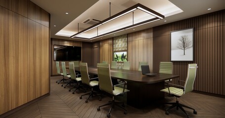 Modern office interior with art deco design and wooden wall panels
