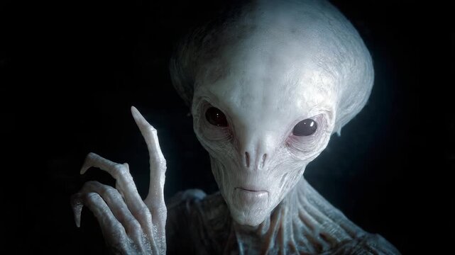 Realistic extraterrestrial alien, pale skin, big head, long fingers, sci-fi, dark background, mysterious being, closeup, detailed creature, intergalactic, unknown life form

