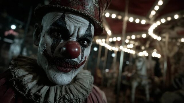 Creepy clown at eerie carousel, sinister circus, horror atmosphere, vintage outfit, haunted amusement park, night lights, unsettling, mystery, dark theme, fear concept

