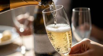 Pouring sparkling wine into a flute glass creating bubbles and a festive celebration mood