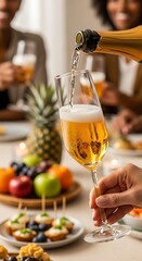 Fototapeta premium Pouring champagne into a glass at a festive gathering with food and friends nearby