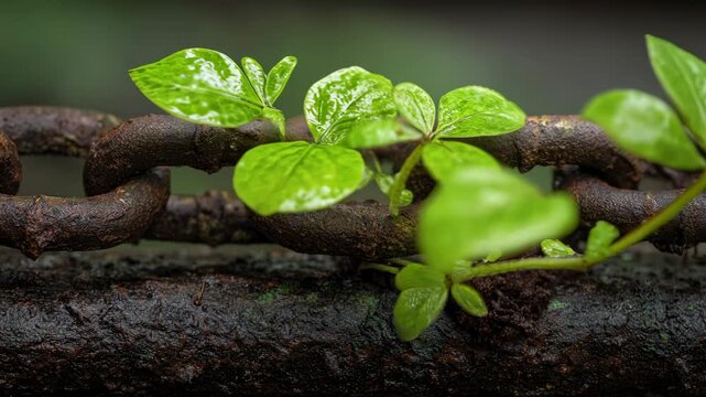 Freedom scene with silhouette breaking chains concept. A green plant emerges from a rusty chain, symbolizing resilience and hope in adversity.