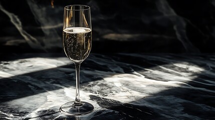 Elegant champagne flute filled with bubbles on a dark textured backdrop