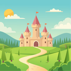 Jolie illustration d'un ch&acirc;teau fort m&eacute;di&eacute;val, nature, soleil