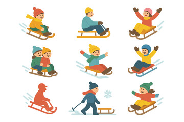 Winter activities flat icon set. featuring sledding, snowball, skiing, family, and snowman symbols.