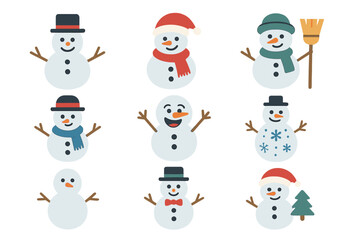 Winter snowman flat icon set. featuring snowman with hat, scarf, broom, and snowflakes