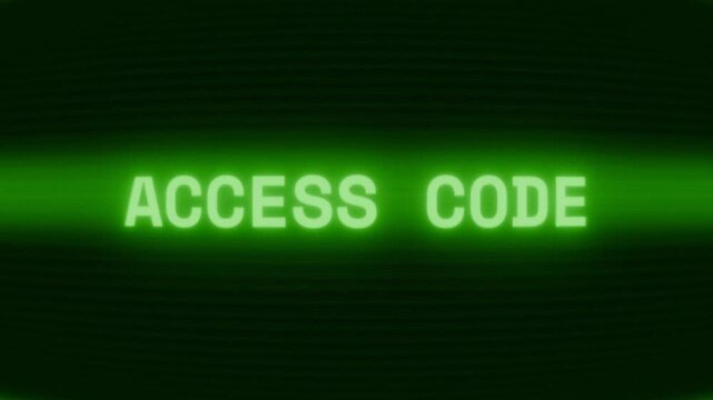Old green CRT screen showing text ACCESS CODE appearing in random glitch and coding style