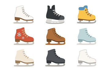 Winter sports flat icon set. featuring figure skates, hockey skates, snowflakes, and colorful footwear