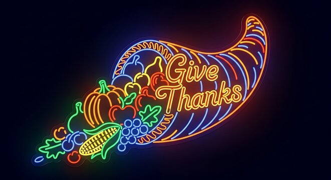 Neon cornucopia sign glowing brightly against a dark background wishing everyone a happy thanksgiving day