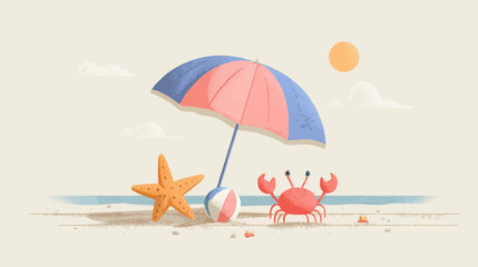 A whimsical beach illustration featuring a pink and blue umbrella, orange starfish, striped beach ball, red crab, sunny sky with clouds, and sandy shore with ocean horizon