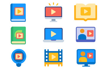 Education flat icon set. featuring video player, book, webinar, laptop, and movie symbols