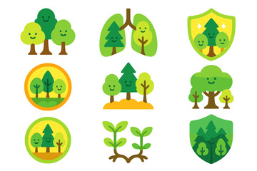 Eco nature flat icon set. featuring trees, lungs, shields, seedlings, and forests
