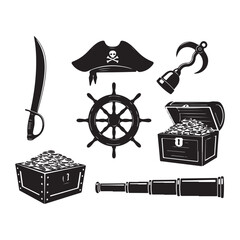 Pirate Equipment Concept Black Silhouette Vector Illustration.